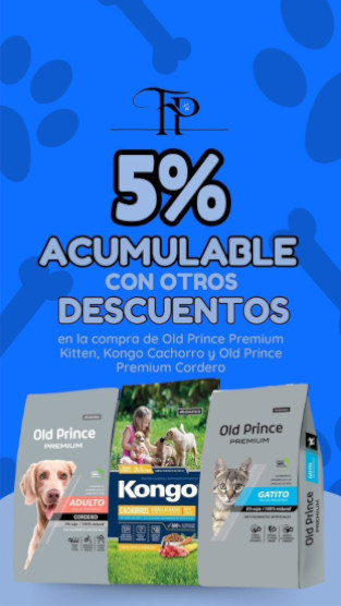 5% acumulable con otros descuentos, en la compra de Old Prince Premium Kitten, Kongo Cachorro y Old Prince Premium Cordero. Pilar. Buenos Aires. Distribuidora de alimentos balanceados para gatos y perros. Forrajeria del Pilar.