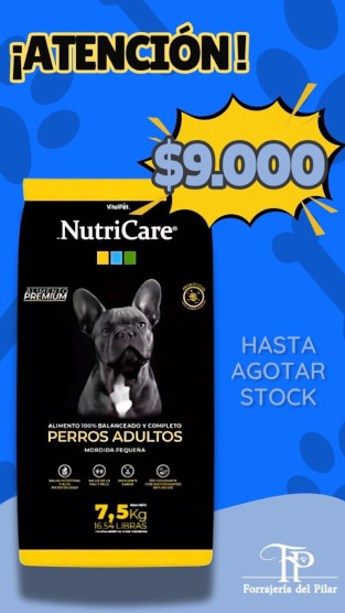 NutriCare Perros Adultos $9.000, hasta agotar stock. Pilar. Buenos Aires. Distribuidora de alimentos balanceados para gatos y perros. Forrajeria del Pilar.